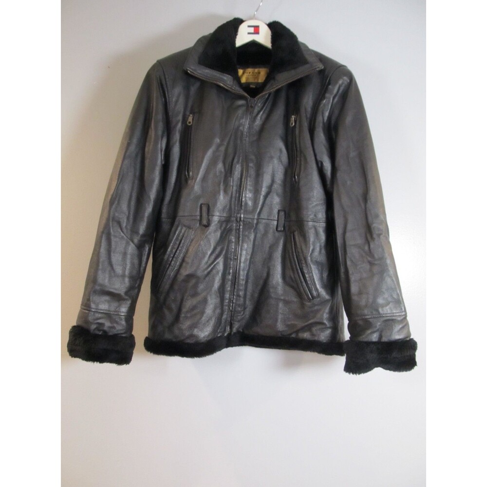 Vtg 90s Miss Top Gun Black Leather Jacket Women's M Fur Trim Parka Coat No Hood